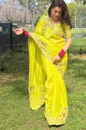 Women Lime Yellow Floral Embroidered Designer Saree