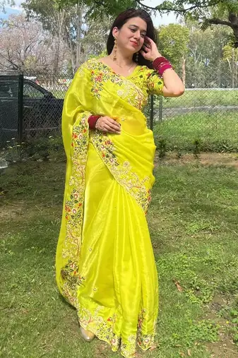 Women Lime Yellow Floral Embroidered Designer Saree