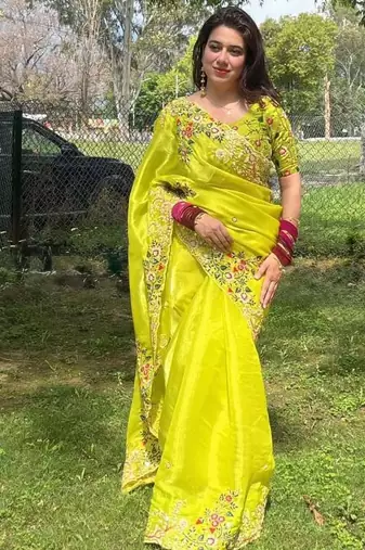 Women Lime Yellow Floral Embroidered Designer Saree