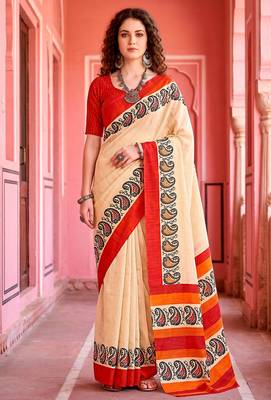 cream woven cotton saree with blouse 1