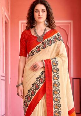 cream woven cotton saree with blouse 2