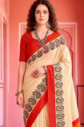 cream woven cotton saree with blouse