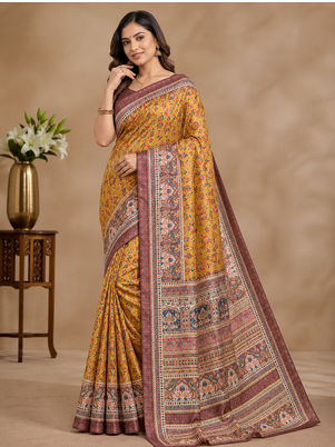 dark yellow printed pasmina print with dori silk saree 1