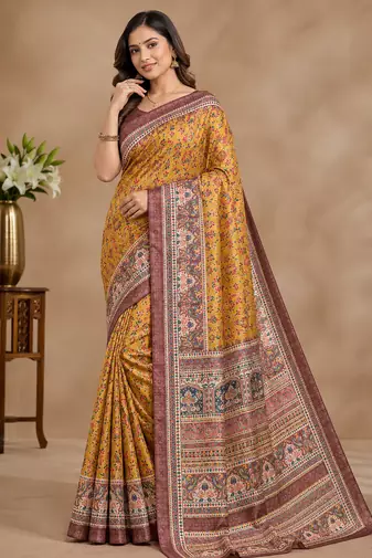 dark yellow printed pasmina print with dori silk saree