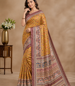 dark yellow printed pasmina print with dori silk saree