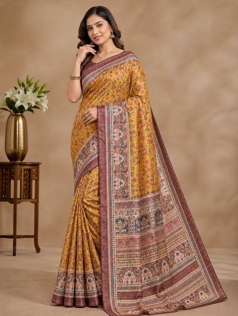 dark yellow printed pasmina print with dori silk saree