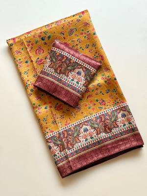 dark yellow printed pasmina print with dori silk saree 2