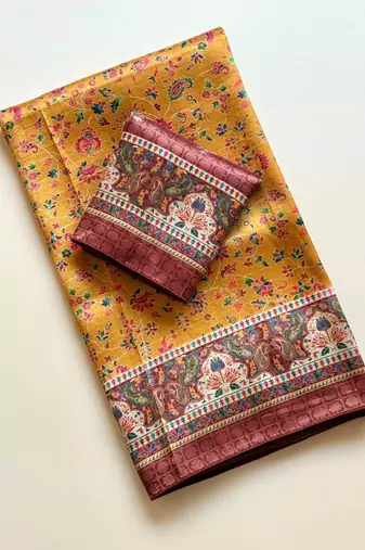 dark yellow printed pasmina print with dori silk saree