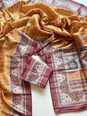 dark yellow printed pasmina print with dori silk saree 3
