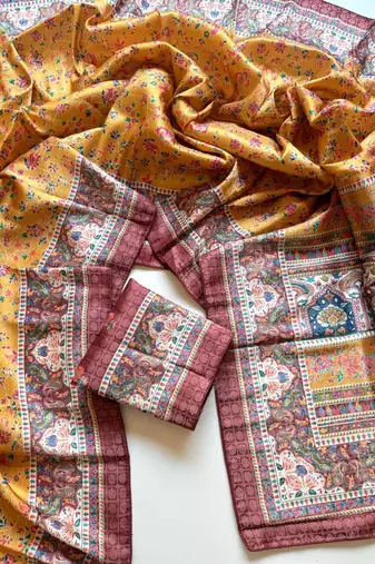 dark yellow printed pasmina print with dori silk saree