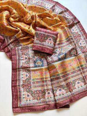 dark yellow printed pasmina print with dori silk saree 4