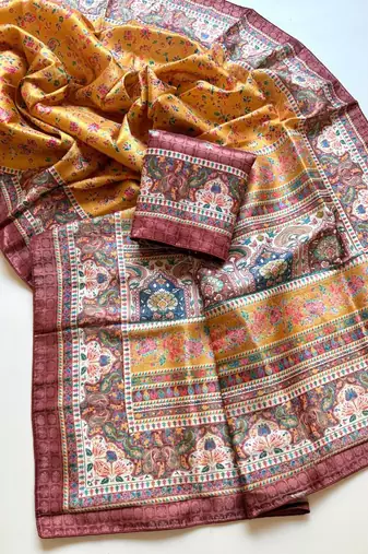 dark yellow printed pasmina print with dori silk saree