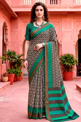 dark grey woven cotton saree with blouse