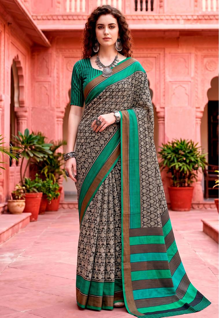 dark grey woven cotton saree with blouse