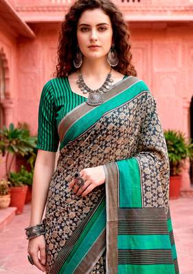 dark grey woven cotton saree with blouse 2