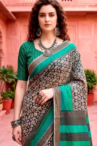 dark grey woven cotton saree with blouse
