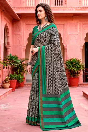 dark grey woven cotton saree with blouse