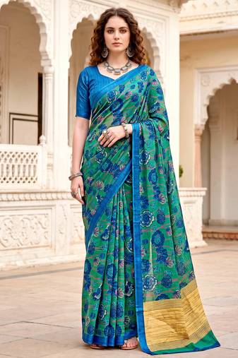 green woven cotton saree with blouse