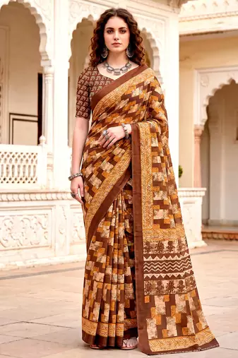 brown woven cotton saree with blouse