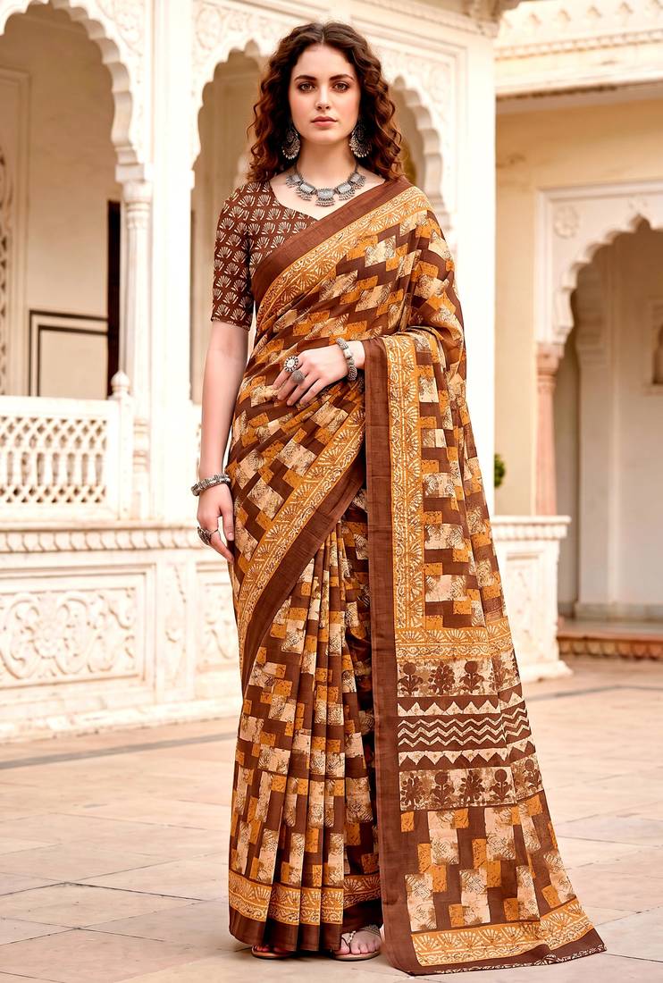 brown woven cotton saree with blouse