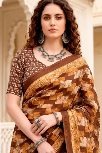 brown woven cotton saree with blouse