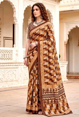 brown woven cotton saree with blouse 3