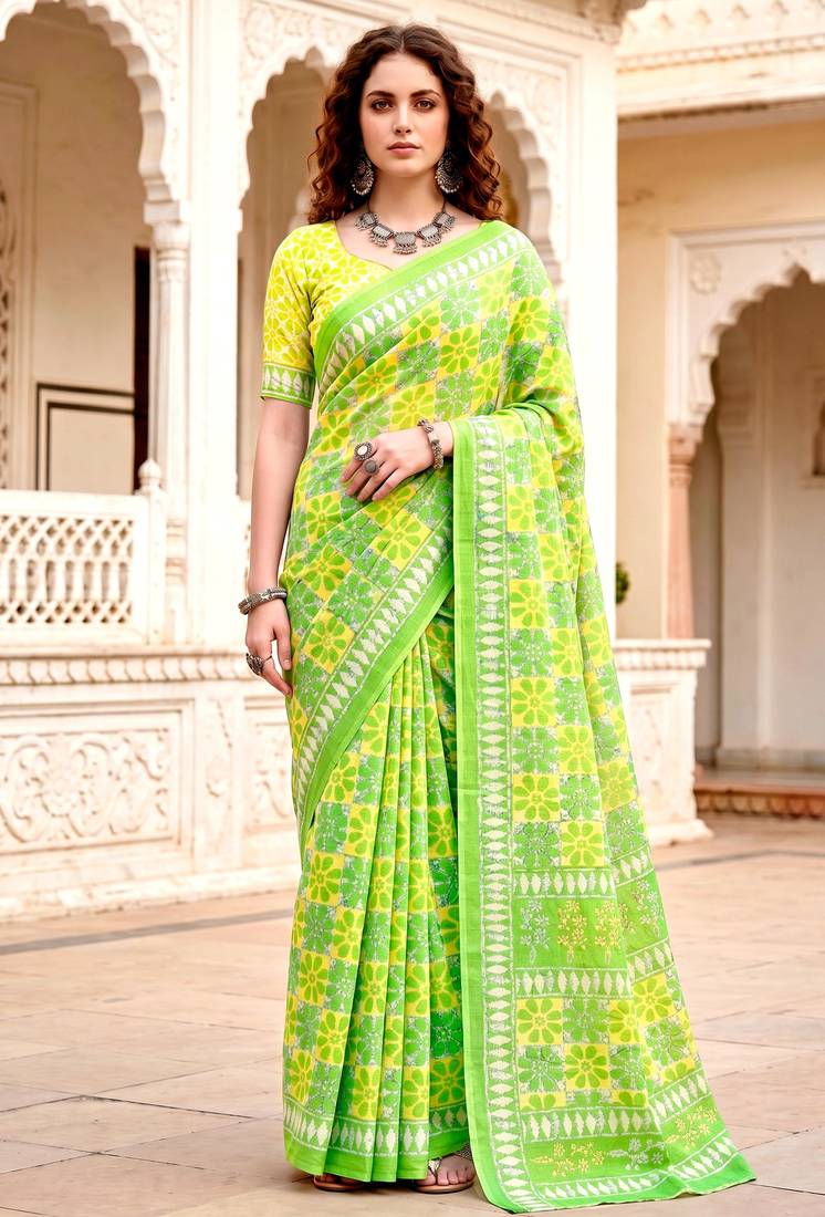 green woven cotton saree with blouse