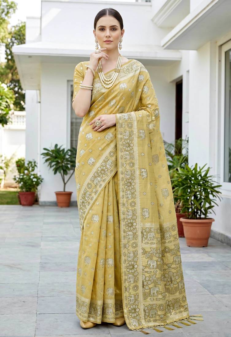 mustard woven cotton saree with blouse