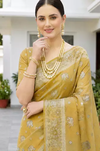 mustard woven cotton saree with blouse