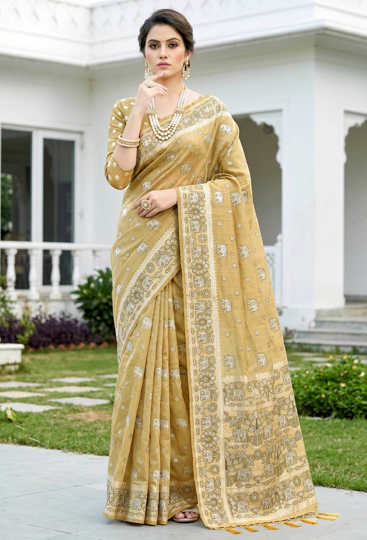 gold woven cotton saree with blouse