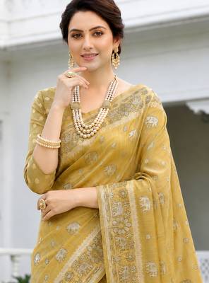 gold woven cotton saree with blouse 2