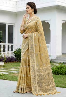 gold woven cotton saree with blouse 3
