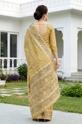 gold woven cotton saree with blouse 4
