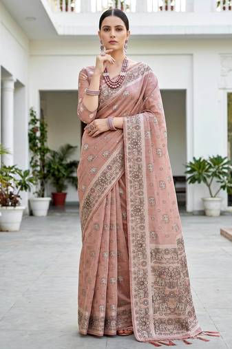hot pink woven cotton saree with blouse
