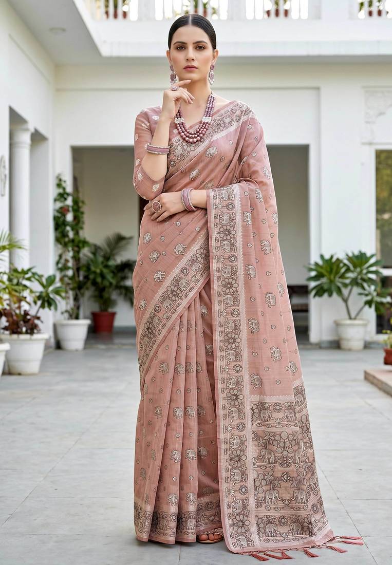 hot pink woven cotton saree with blouse