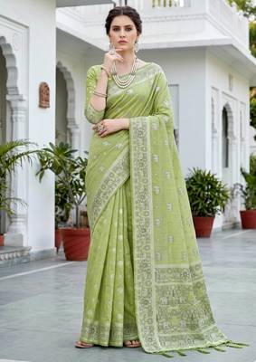 green woven cotton saree with blouse 1