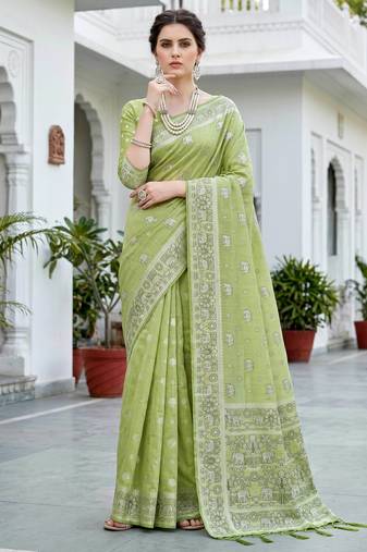 green woven cotton saree with blouse