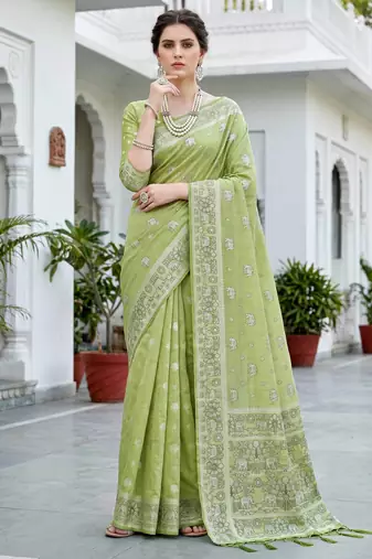 green woven cotton saree with blouse