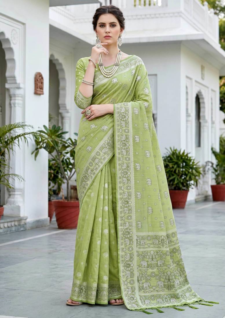 green woven cotton saree with blouse