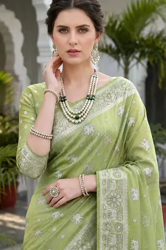 green woven cotton saree with blouse