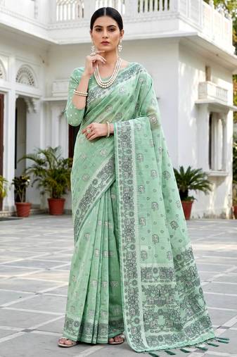 green woven cotton saree with blouse