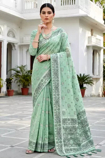 green woven cotton saree with blouse