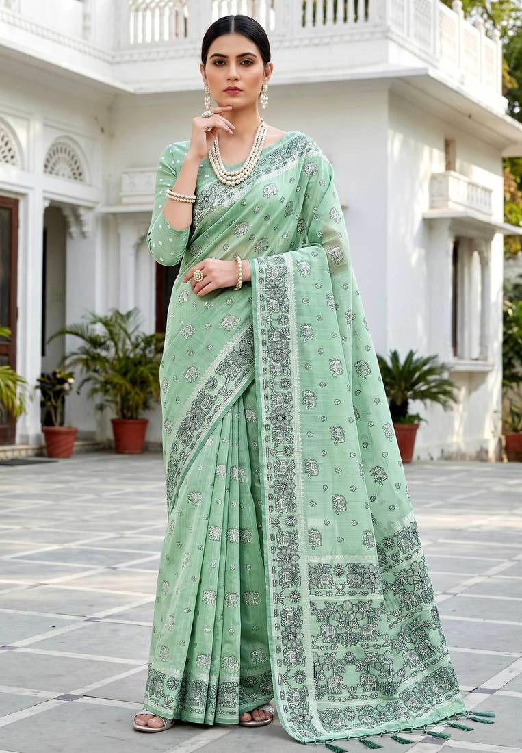 green woven cotton saree with blouse