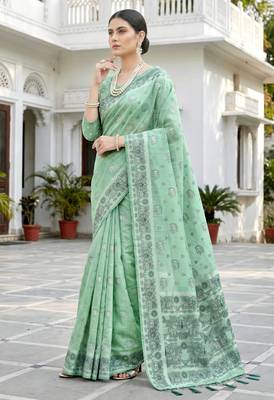 green woven cotton saree with blouse 3
