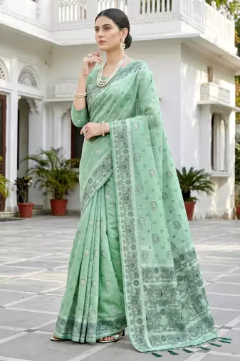 green woven cotton saree with blouse