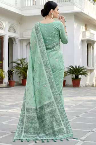 green woven cotton saree with blouse