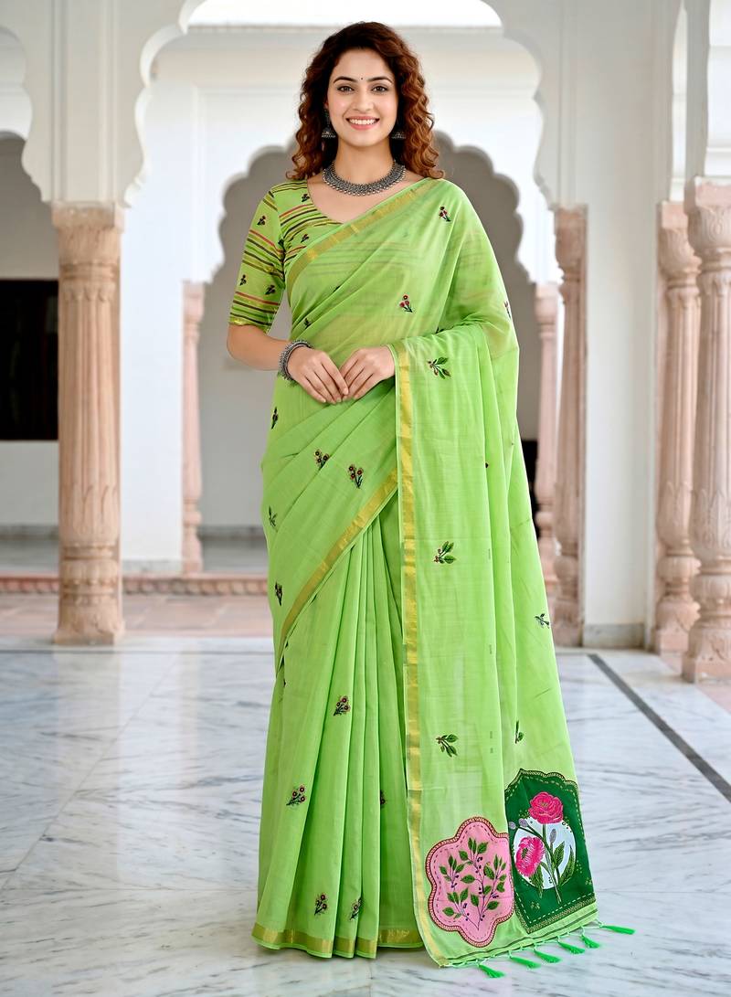 green woven cotton saree with blouse