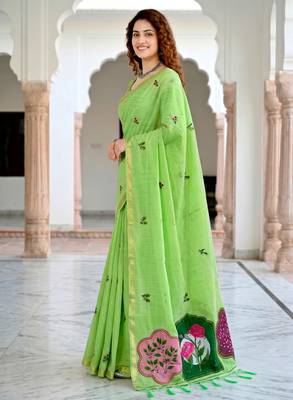 green woven cotton saree with blouse 3