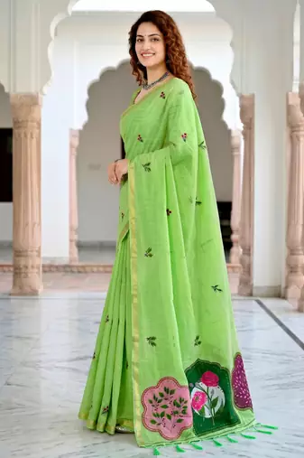 green woven cotton saree with blouse
