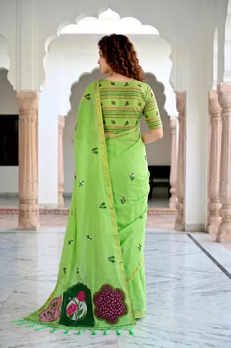 green woven cotton saree with blouse